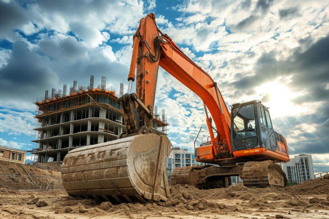 A large orange excavator with a dirt-filled bucket is positioned on a construction site under a partly cloudy sky. In the background, a multi-story building structure is under construction, with steel rebar and scaffolding visible.